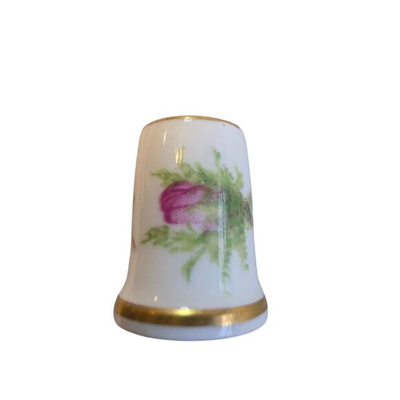Vintage Sutherland England Porcelain Thimble With Pink Floral Design & Gold Rim - Picture 2 of 7